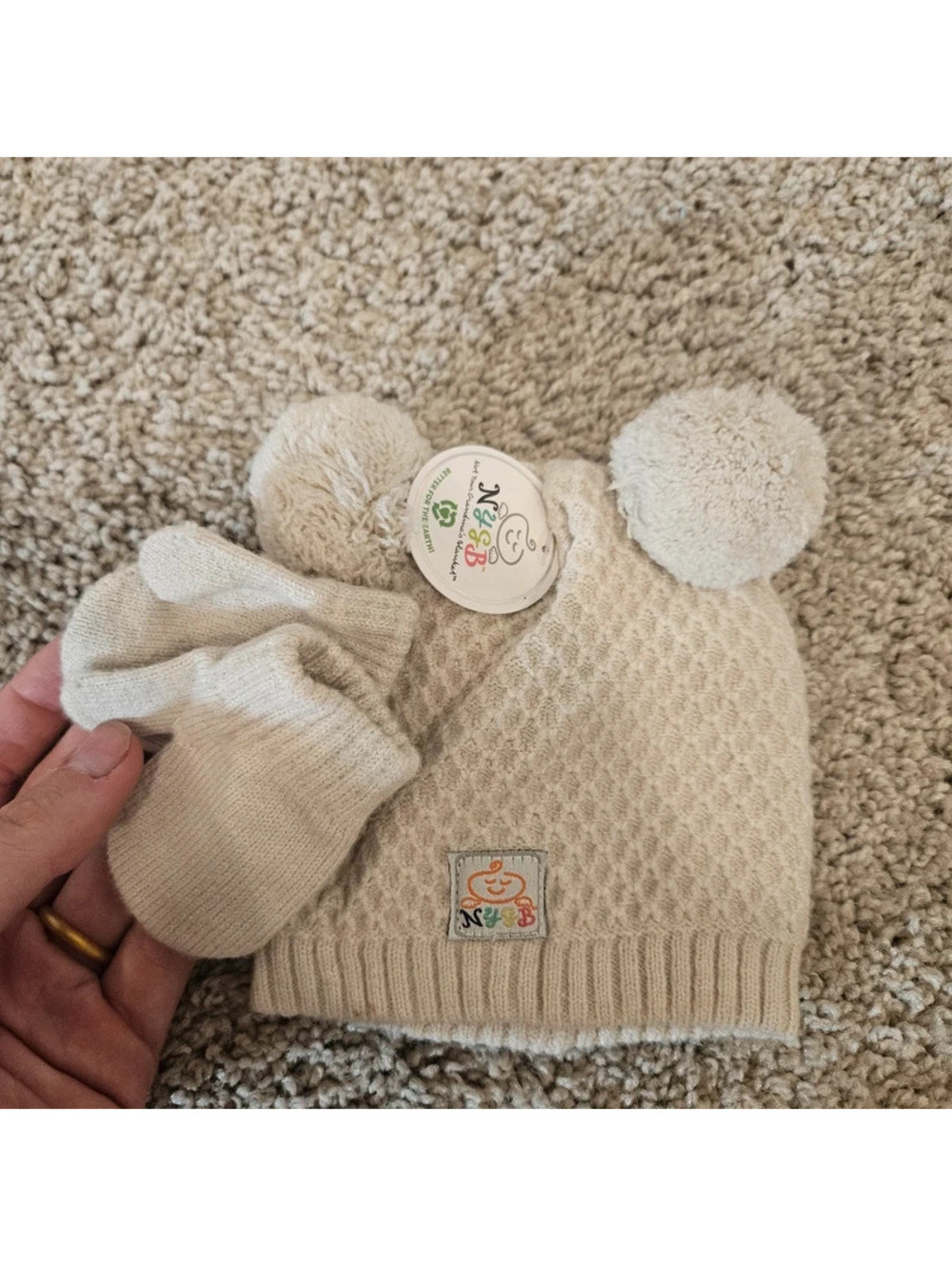 N&B Newborn Baby Double Pom Knit Hat & Mittens Set Cream NWT
